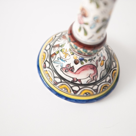French Majolica Style Hand Painted Ceramic Taper Candle Stick Holder - Picture 5 of 8